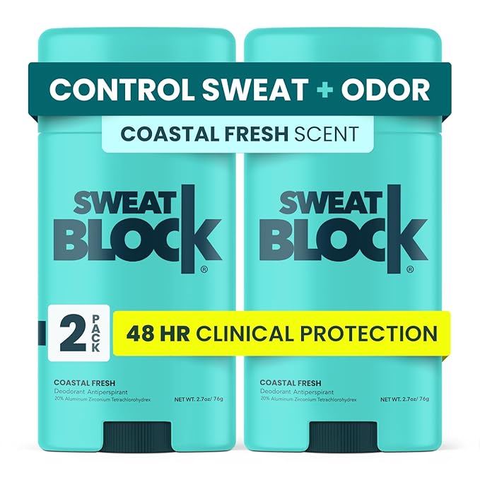 SweatBlock Clinical Strength Deodorant and Antiperspirant for Men and Women Coastal Fresh Scent 2 Pack 48 Hour Protection Against Odor and Excessive Sweat Ideal for Active Lifestyles and Daily Use