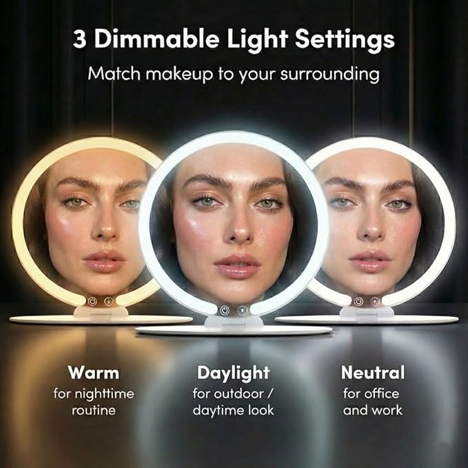 Fancii Abigail Rechargeable Travel Makeup Mirror with LED Light, 8" Foldable Stand, 3 Color Lighting Travel Mirror. Dimmable & Lightweight Portable Vanity Mirror, Beauty Travel Essential