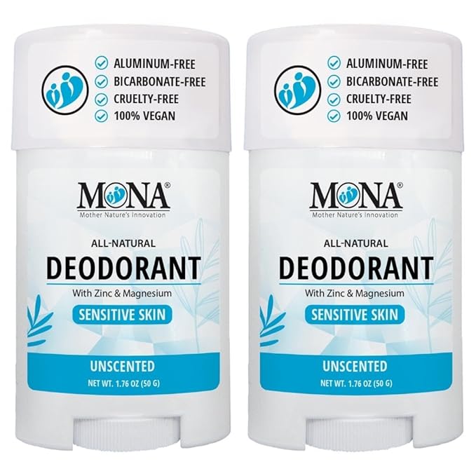 MONA BRANDS All Natural Deodorant For Women & Men | For Sensitive Skin | No Aluminum or Baking Soda | (2-Pack UNSCENTED 1.76 Oz each)