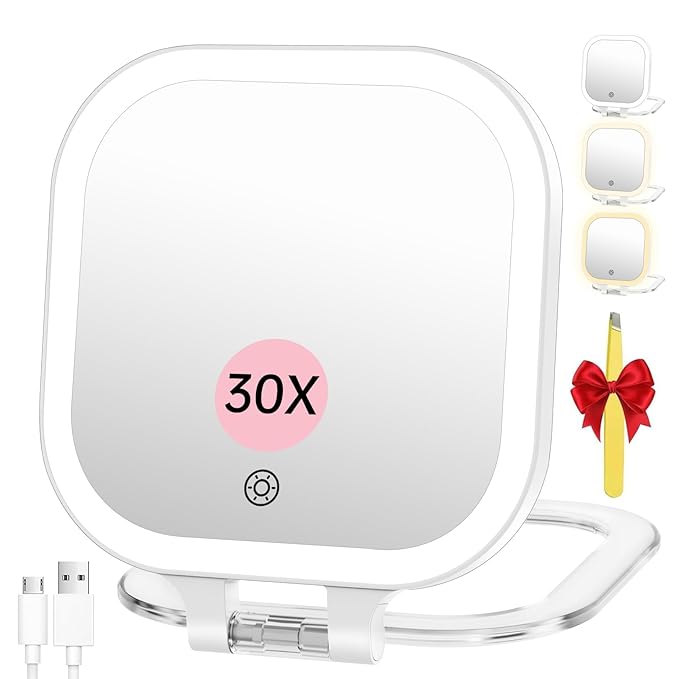 FASCINATE Rechargeable Travel Makeup Mirror 30X Magnification, 7" Lighted Portable Vanity Mirror with 3 Colors Lighting & Stepless Dimming, Double Sided LED Mirror, Gift for Women (White)