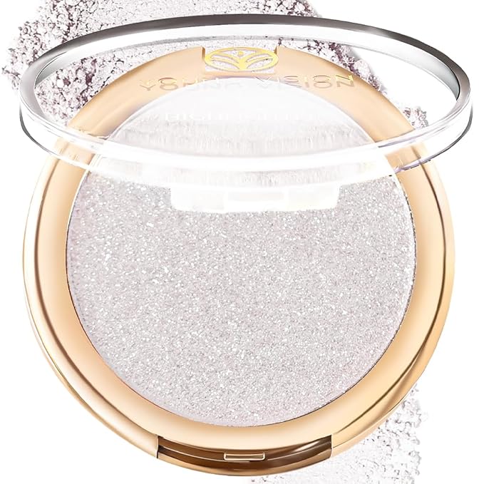 YOUNG VISION Pressed Powder Highlighter, Baked Natural Glow Contour Powder & Face Highlighter, Cruelty Free, Shimmer Highlighting Makeup for Face, Eye, Eyeshadow, Body, Skin (Silver)