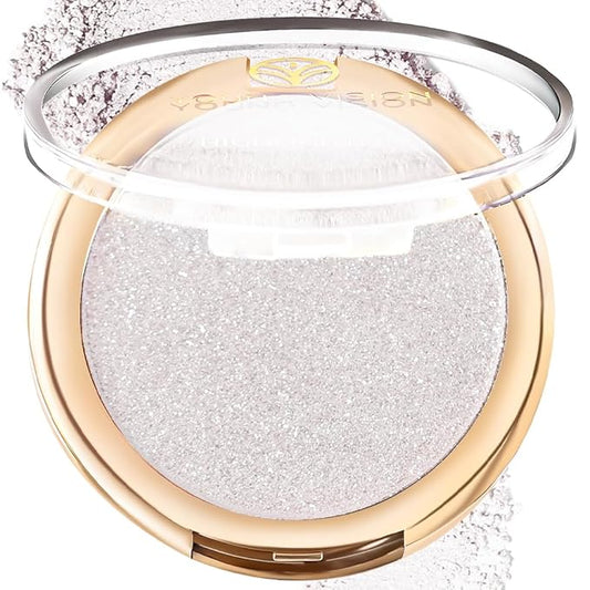 YOUNG VISION Pressed Powder Highlighter, Baked Natural Glow Contour Powder & Face Highlighter, Cruelty Free, Shimmer Highlighting Makeup for Face, Eye, Eyeshadow, Body, Skin (Silver)