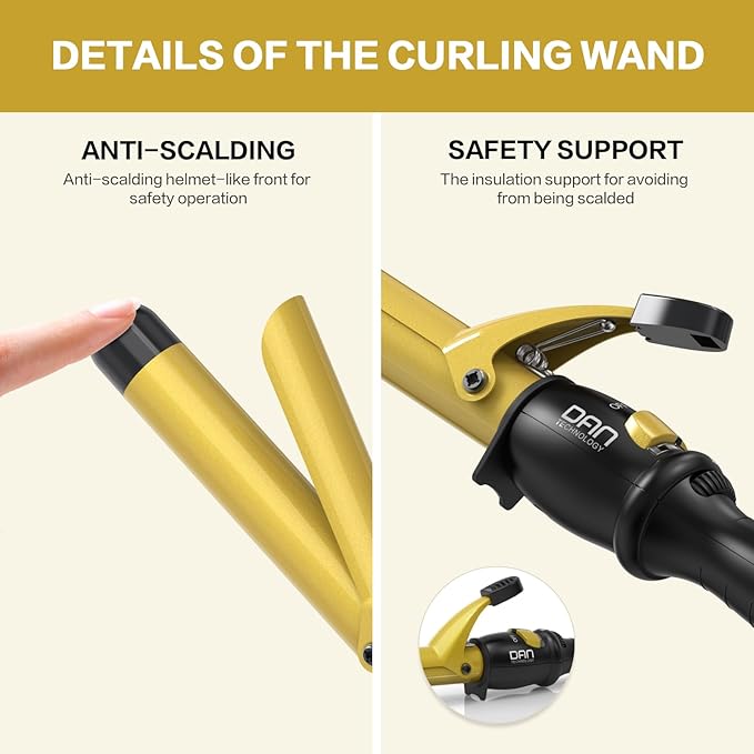 DAN Technology 1 Inch Curling Iron Wand for Soft Natural Waves, Tourmaline Ceramic Hair Curler with 180°F–430°F Adjustable Temperature, Fast Heating, Dual Voltage, Auto Shut-Off, Black & Gold
