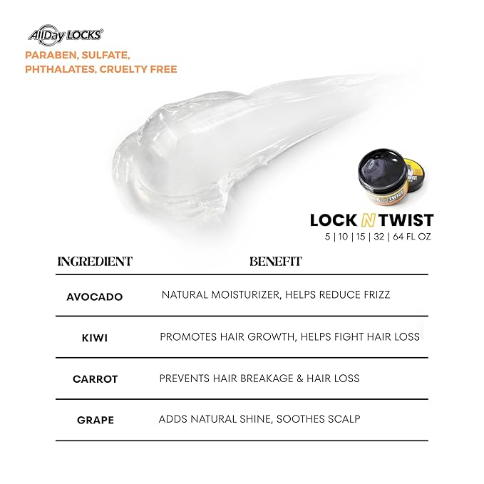 AllDay Locks Lock N Twist (Jar) | Supreme Hold, No Frizz or Flaking | Hydrating, Nourishing Loc Booster | Grape & Avocado-Infused | Lock & Twist Braids, Locks, Twists, Cornrows | 32 oz