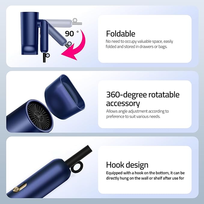CONFU Diffuser Hair Dryer for Curly Hair,1500W Fast Drying Blow Dryer with Diffuser for Women,Compact & Portable Negative Ion Hairdryer Blowdryer,Lightweight and Foldable Design for Travel(Blue)