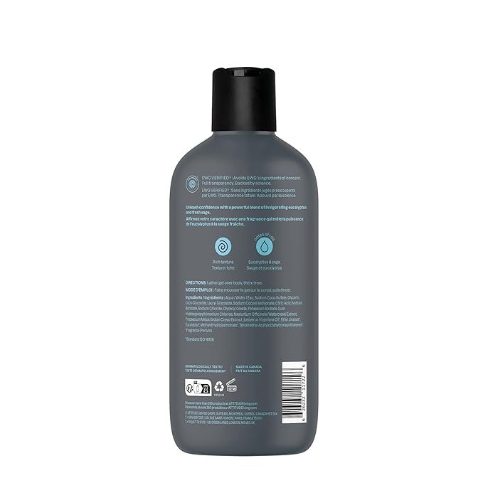 ATTITUDE Shower Gel Body Wash for Men, 98% Natural Origin Ingredients, Paraben & Phthalate Free, EWG Verified, Cleanses Without Drying, Eucalyptus & Sage,14 Fl Oz