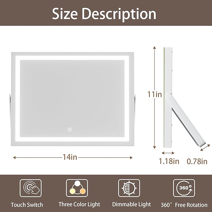 Hasipu Vanity Mirror with Lights, 14" x 11" LED Makeup Mirror, 3 Modes Light, Smart Touch Control Dimmable, 360°Rotation, Rectangle White Frame, with 5X Magnifying Glass