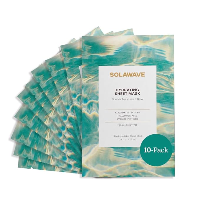 Solawave Hydrating Sheet Mask, Anti Aging Face Mask with Niacinamide, Hydrating Face Mask with Hyaluronic Acid, Moisturizing Face Masks (10 Pack)