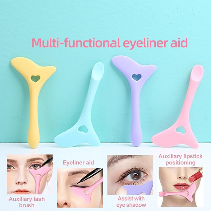 2Pcs Eyeliner Stencils, 5 in 1 Silicone Winged Tip for Eyebrows Eyelashes Lip Line Aid, Mascara Shield and Applicator Pads, Silicone Eye Makeup Tool Set for Beginners, (PINK)