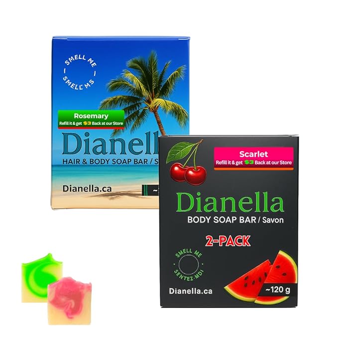 Natural Body Soap Bar with Long Lasting Scent Moisturizing Formula made in Canada for Men and Women. Multi-Pack (2-Pack, Rosemary/Scarlet)
