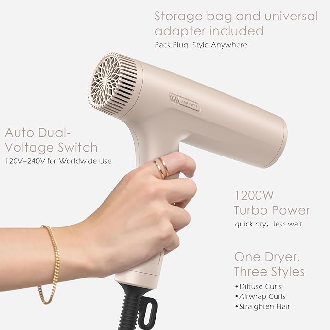 TOME 1200W Hair Dryer Travel Dual Voltage 120V/240V Foldable Blow Dryer with Diffuser Comb Nozzle Storage Bag Universal Power Adapter (Pink)