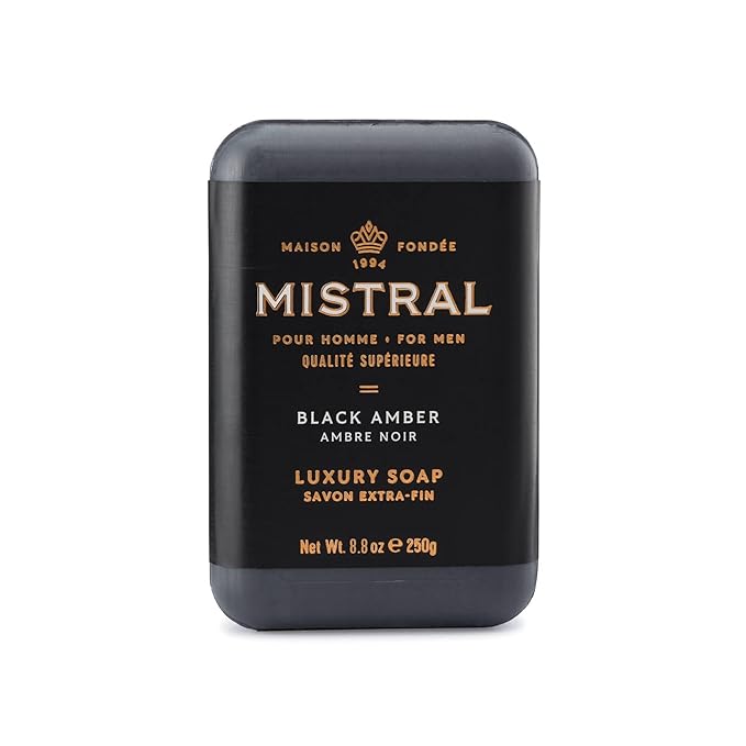 Mistral Black Amber Luxury Bar Soap for Men | Men’s Natural Soap Bar | Paraben, Phthalats Free | Moisturizing & Triple-Milled Natural Soap for Men - Made in France | Large, 8.8 oz