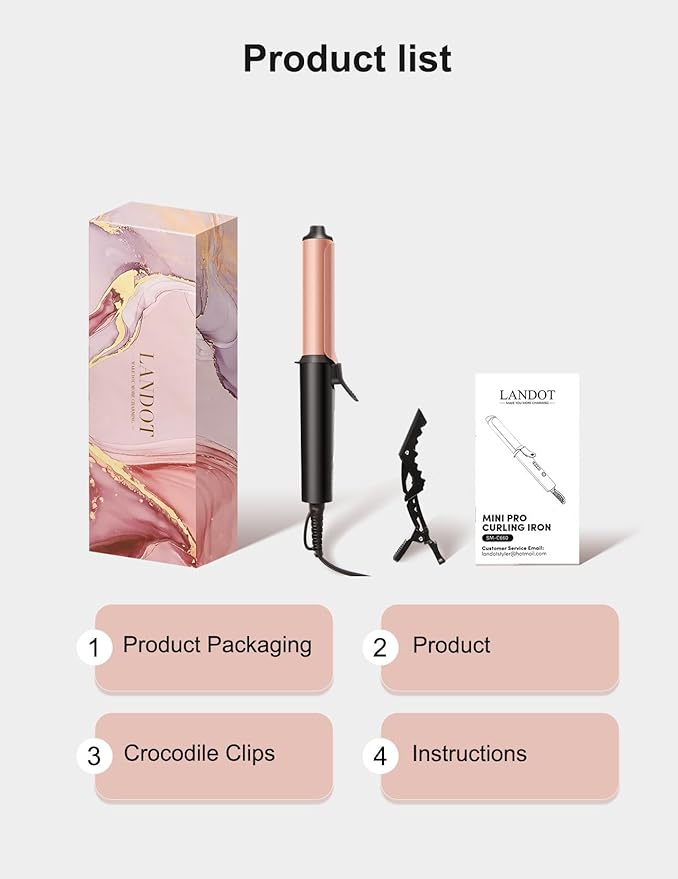 LANDOT Mini Curling Iron Hair Curler: 1 Inch Small Curling Wand for Short Hair - Travel Size Dual Voltage 100-240V for Worldwide Use - Adjustable Temperature for All Hair Types