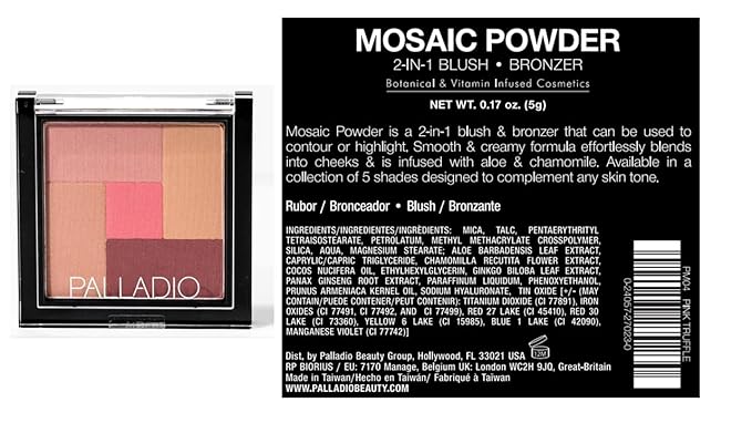 Palladio 2-In-1 Mosaic Blush and Bronzer, Silky Smooth Face Makeup Pressed Powder, Five Color Hues from Shimmering Pinks to Golden Browns, Rich Pigmented Shades, Flawless Finish, Pink Truffle, 0.3 Oz