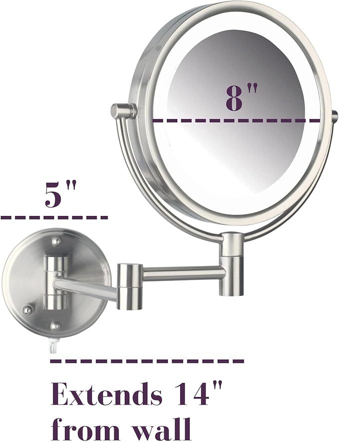 JERDON Wall-Mounted Vanity Mirror with Lights - Lighted Makeup Mirror with 8X Magnification & Nickel Finish - Plug in Model HL88NL