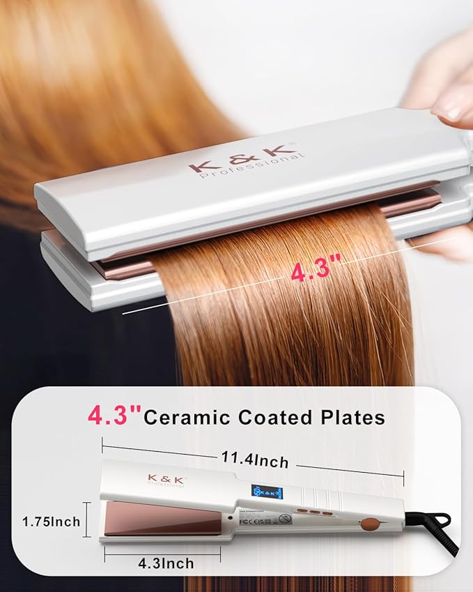 K&K Nano Hair Straighteners Wide Plates, Adavance Ceramic Coated Plates Digital Display Ultra-Fast Heat Up Auto Safety Shut Off Plancha De Pelo Dual Voltage UK Plug, for Thick Hair