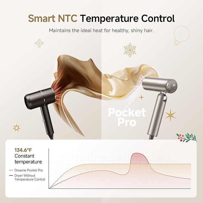 Dreame Pocket Pro Hair Dryer, Dual Voltage Travel Blow Dryer with Diffuser, 1300W Professional HighSpeed Ionic Hair Blower, Fast Drying, Low Noise, Lightweight, No Heat Damage, Global Travel 120V/240V