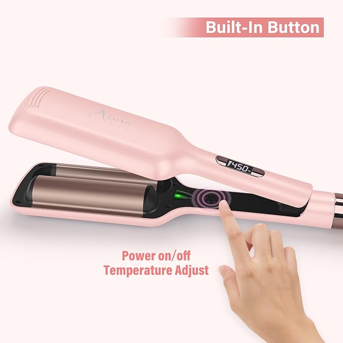 32mm (1.25") Aima Beauty Twins Mermaid Loose Waves Hair Waver, Anti-Scald Wave Curling Iron, Curling Wand 2 Barrel Hair Crimper for Women PTC 15S Heats Up Dual Voltage Medium/Long Hair Pink