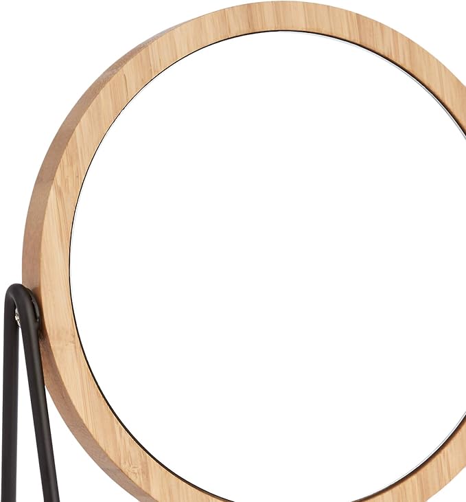 Amazon Basics Vanity Round Mirror with Bamboo Rim, Magnification, Tabletop Mount, Black, 7.2"L x 2.87 "W