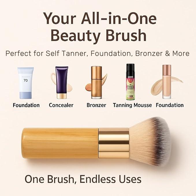 Kabuki Self Tanning Brush - Ultra Soft Kabuki Makeup Brush for Face & Body, Flawless Streak-Free Self Tanner Applicator, Powder Foundation, Bronzer, Tanning Mousse & Shimmer Glow - Bamboo Handle