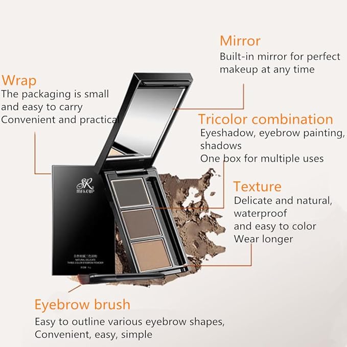 Eyebrow powder three-color brow disc waterproof eyebrow powder eyebrow makeup kit eyebrow filler to shape natural eyebrows (03# Skin color, brown, gray-black)