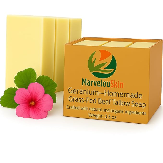 Geranium Tallow Soap – Floral Grass-Fed Bar with Organic Essential Oil – Naturally Fresh & Botanical – 3 Pack
