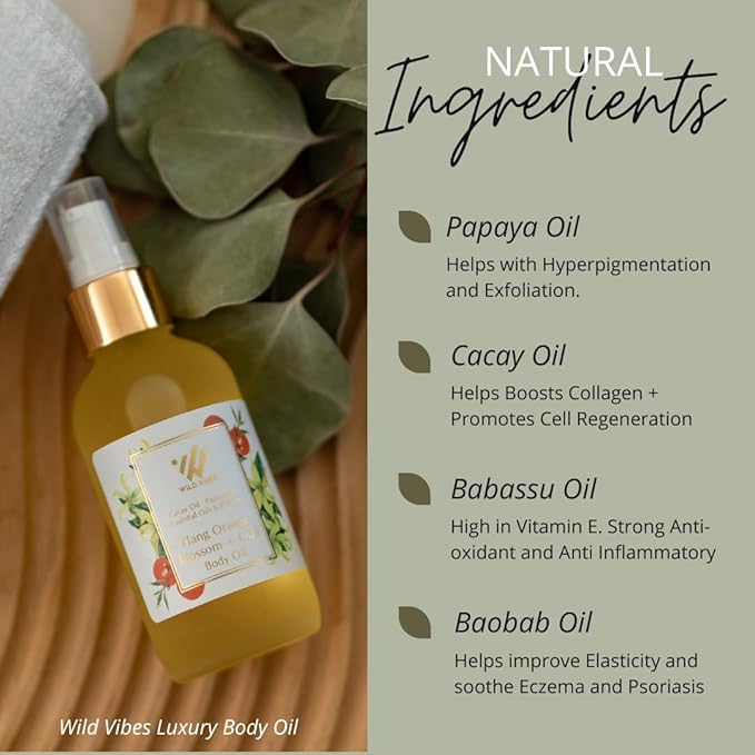 Wild Vibes Ylang Orange Blossom + Oud Body Oil with Vitamin E – Hydrating Botanical Blend with Jojoba, Papaya Seed & Cacay Oil – Lightweight Moisturizer for Soft, Radiant Skin 4oz