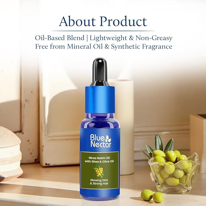 Blue Nectar Ayurveda Navel Oil with Ghee & Olive for Belly Oiling | Natural Belly Button (Nabhi) Oil for Radiant Skin & Deep Hydration (22 Herbs, 1 Fl Oz)