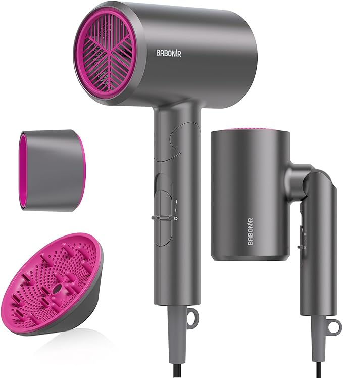 Ionic Diffuser Hair Dryer for Curly Hair, 1875W Fast Drying Blow Dryer with Diffuser and Concentrator Nozzle, Compact & Portable Negative Ion Hairdryer Blowdryer, 3 Heat 2 Speed Settings, Gray