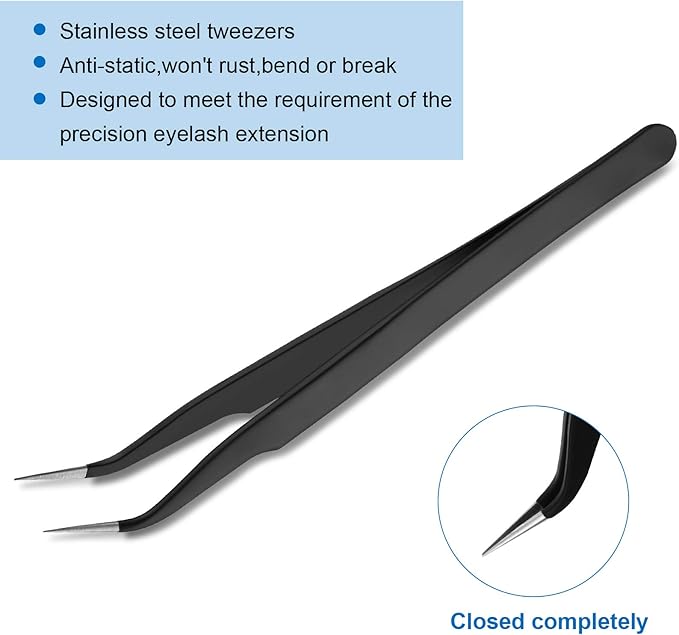 2 Pieces Straight and Curved Tip Tweezers Eyelash Extension Tweezers, Stainless Steel False Lash Application Tools (Black)