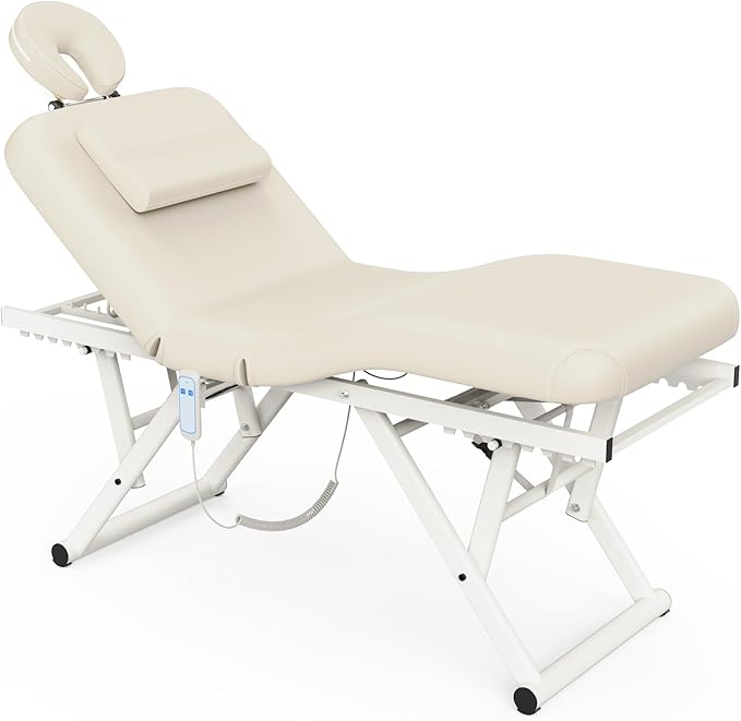 Adjustable Massage Table with Face Pillow & Headrest, Silent and Easy to Adjust for Treatment Table Physical Therapy Table Spa Facial Bed - Adjustable Backrest, Electric Leg Lifting, Beige Gray