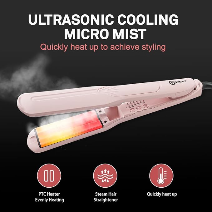 Caliber VaPURE Hair Straightener, Infrared Ultrasonic Spray Mist Flat Iron, Ceramic Plates, 5 Temperature Settings, Pink