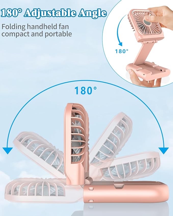 Hand Held Fan Rechargeable,Mini Fan Portable Fan Battery Powered Fan with 3 Speed, Table Fan Small Desk Fan, Cordless Personal Fan, 180°Folding Hand Fan Summer Gifts for Women Girls Kids Pink