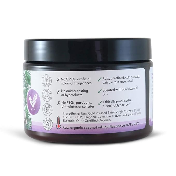 Organic Fiji Raw Cold Pressed Coconut Oil for Hair, Skin, Face & Body | Relaxing Massage Oil | Lavender,12 oz for Women Men & Baby