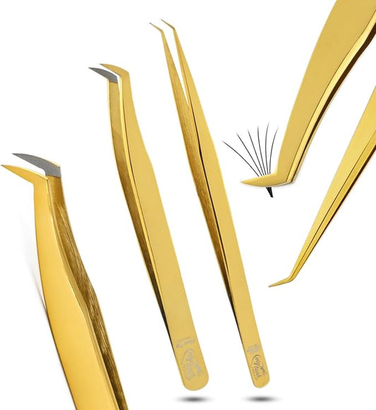2pcs Fiber Tip Lash Tweezer Set – Boot Mega Volume Tweezer & Straight Isolation Tweezer, Precision Stainless Steel Lash Extension Tools, Non-Slip Grip, Tweezers for Classic & Volume Fans (Gold)