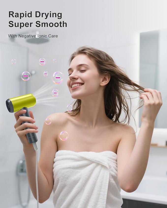 Hair Dryer, TAGBUIO 110,000 RPM High-Speed Hair Dryer for Fast Drying, Thermo-Control Negative Ionic Care, Compact Travel Blow Dryers Magnetic Nozzle, Low Noise Portable Blow Dryers for Home Yellow