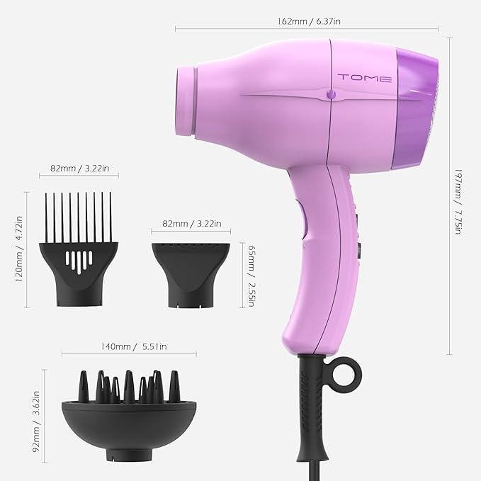 TOME Hair Dryer with Diffuser Blow Dryer Ionic 1875W Cool Shot Curly Hair Teeth Comb Nozzle attachments Light Weight Low Noise Fast Dry Purple