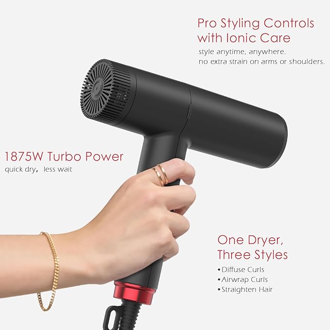 TOME Hair Dryer with Diffuser 1875W High Speed Blow Dryer Ionic 110000 RPM Cool Shot Lock 1 inch Air Curling Wands Nozzle Light Weight Red