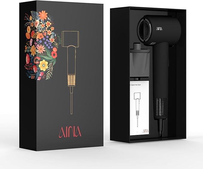 AINA Hair Dryer, Blow Dryer - Brushless Motor, 110,000 RPM Lightweight, Ionic Travel 110V/ALCI Plug(Vader Black)