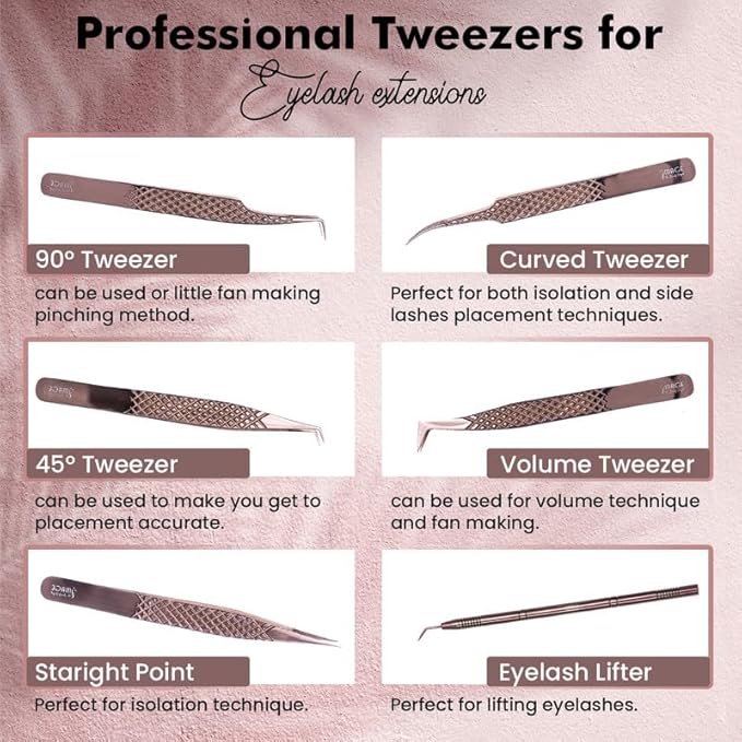 5 Pcs Fiber-Tip Japanese Steel Lash Tweezer Set with Leather Case, Professional Eyelash Tweezers for Lash Extensions – Titanium Coated, 90 & 45 Angled, Precision Pointed Tweezers (METALIC-ROSE)