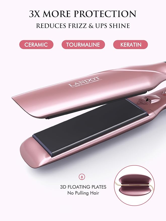LANDOT Wide Flat Iron Hair Straightener - 1.75" Professional Ceramic Straightening Iron for Faster Styling, Extra Shine Hair, Dual Voltage Adjust Temp 250-450℉ All Hair Types, Ideal for Busy Morning