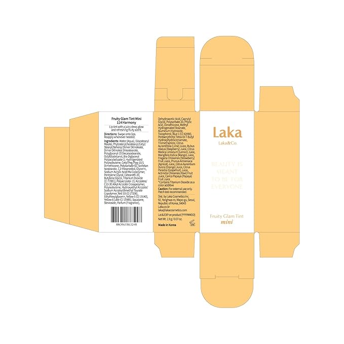 Laka Fruity Glam Lip Tint Mini, Glowing Lip Stain with Wide Color Spectrum, Hydrating & Lightweight Texture, Long-Lasting Bold Stain, Non-Sticky, Vegan, K-Beauty (114 Harmony)