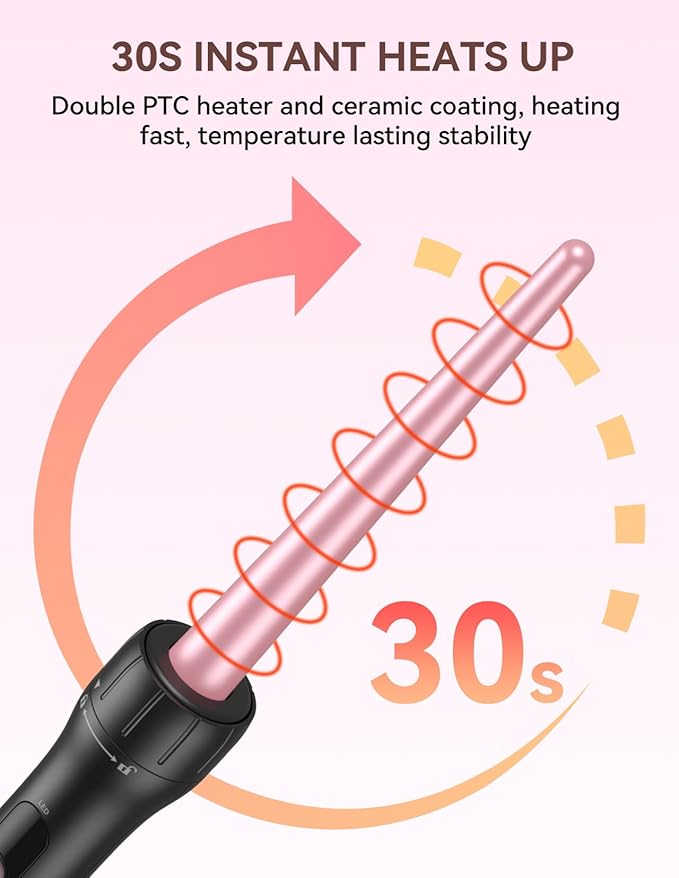 LANDOT Tapered Hair Curling Iron Wand: 9-19mm Curling Wand for Natural Curls & Textured Waves - Professional Detachable Clip Free Hair Curler - Includes Heat Resistant Silicone Mat & Glove