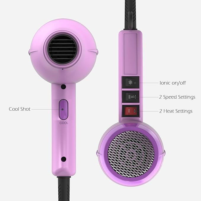 TOME Hair Dryer with Diffuser Blow Dryer Ionic 1875W Cool Shot Curly Hair Teeth Comb Nozzle attachments Light Weight Low Noise Fast Dry Purple