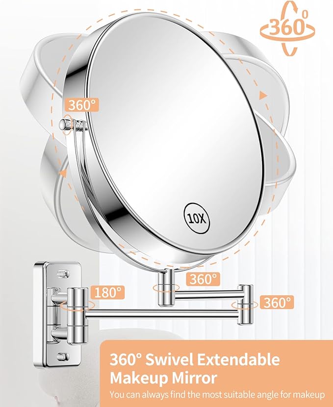 Gospire 9 Inch Extra Large Wall Mounted Mirror with 1X/10X Magnification, 360° Swivel & Extendable, Chrome Polished Finish for Bathroom Vanity, Shaving & Makeup (Men & Women)