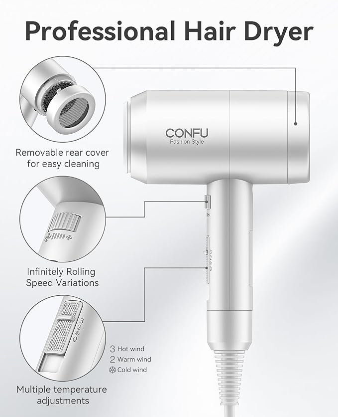 Hair Dryer with Diffuser, CONFU Blow Dryer for Curly Hair for Women Men, 21000PRM Travel Hair Dryer, Portable Lightweight Fast Drying Negative Ion Hairdryer for Home & Travel