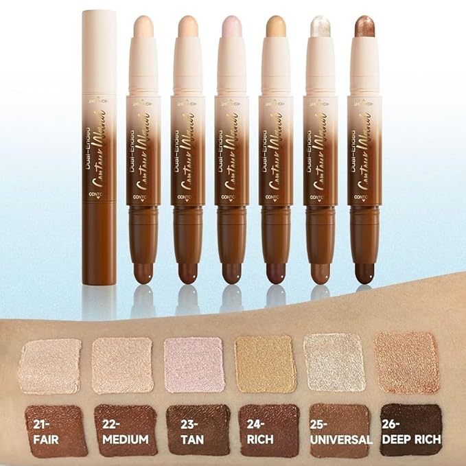 2in1 Cream Contour Highlighter Stick, Neutral Bronzer Makeup Stick, Applies Dual-Ended Sculpting Stick for Face Body, Long Lasting Waterproof No Smudging, Suitable for Makeup Beginners-Medium