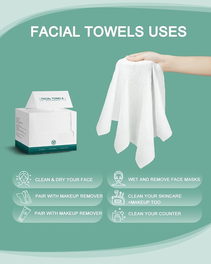 Disposable Face Towels- 100 Count Extra Thick Soft Clean Facial Towels, 10"×12",Super Absorbent,Biodegradable Dry Wipes,Cruelty-Free Facial Washcloth for Sensitive Skin,Travel,Makeup Remover
