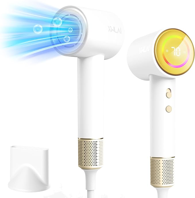 Hair Dryer, 110000 RPM High-Speed Brushless Motor Negative Ionic Blow Dryer for Fast Drying, Low Noise Thermo-Control Hair Dryer with Nozzle and Tri-Colour LED Light Ring for Home, Travel (White)