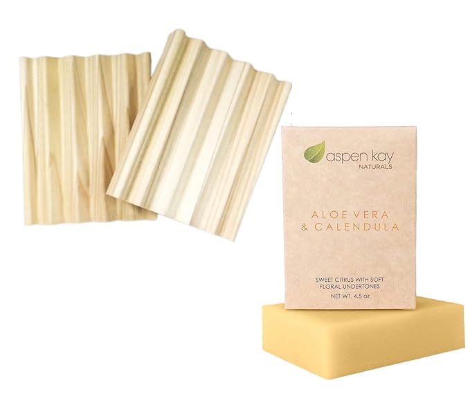 Aloe Vera & Calendula Soap - Natural and Organic Ingredients & 2 Pack Soap Bar Dish, Draining Dish - 100% Natural Poplar Wood, No Chemical Varnish